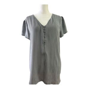 LOFT Navy and White Striped Relaxed Top Blouse Button Detail Nautical Medium